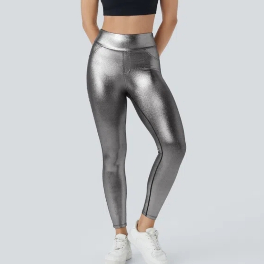 NWT HALARA ShineHigh Waisted Leggings Pockets Silver Medium Festival 90s Disco